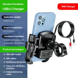Aluminum Motorcycle USB Phone Holder Handlebar Rear-View Mirror Mount Charger with USB C Fast Charge Port for 5.4"-7.2" Phones