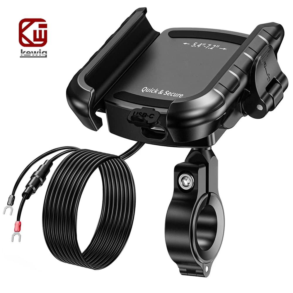 Aluminum Motorcycle USB Phone Holder Handlebar Rear-View Mirror Mount Charger with USB C Fast Charge Port for 5.4"-7.2" Phones