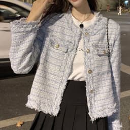 French White Tweed Crop Jacket for Women 2026 Autumn Elegant Slimming Decor Button Coat Woman Round Neck Long Sleeve Outerwear