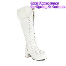 Plus Size Winter Women Wedding Bridal Shoes White Pink Fur Neck Bow Ruffles Princess Uniform Lolita Cosplay JK Knee High Boots