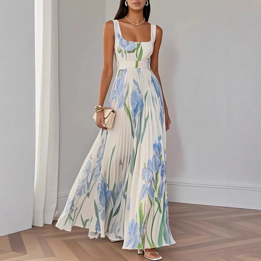 2026 Spring Summer Women's Fashion Strap Digital Print Pleated Floral Long Dress Sleeveless Square Neck High Waist Spring Summer