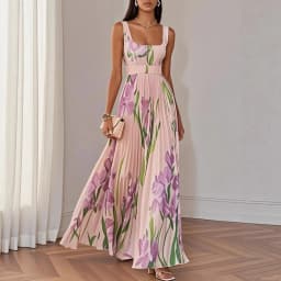 2026 Spring Summer Women's Fashion Strap Digital Print Pleated Floral Long Dress Sleeveless Square Neck High Waist Spring Summer