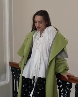 Women Green Oversized Belt Overcoat Elegant Long Sleeve Pleated Lapel Lace Up Windbreaker Autumn Lady Daily Street Outerwear