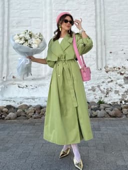 Women Green Oversized Belt Overcoat Elegant Long Sleeve Pleated Lapel Lace Up Windbreaker Autumn Lady Daily Street Outerwear