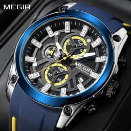 MEGIR Original Blue Sport Watch for Men Luxury Military Quartz Chronograph Clock Luminous Big Dial Wristwatch Montre Homme 2144