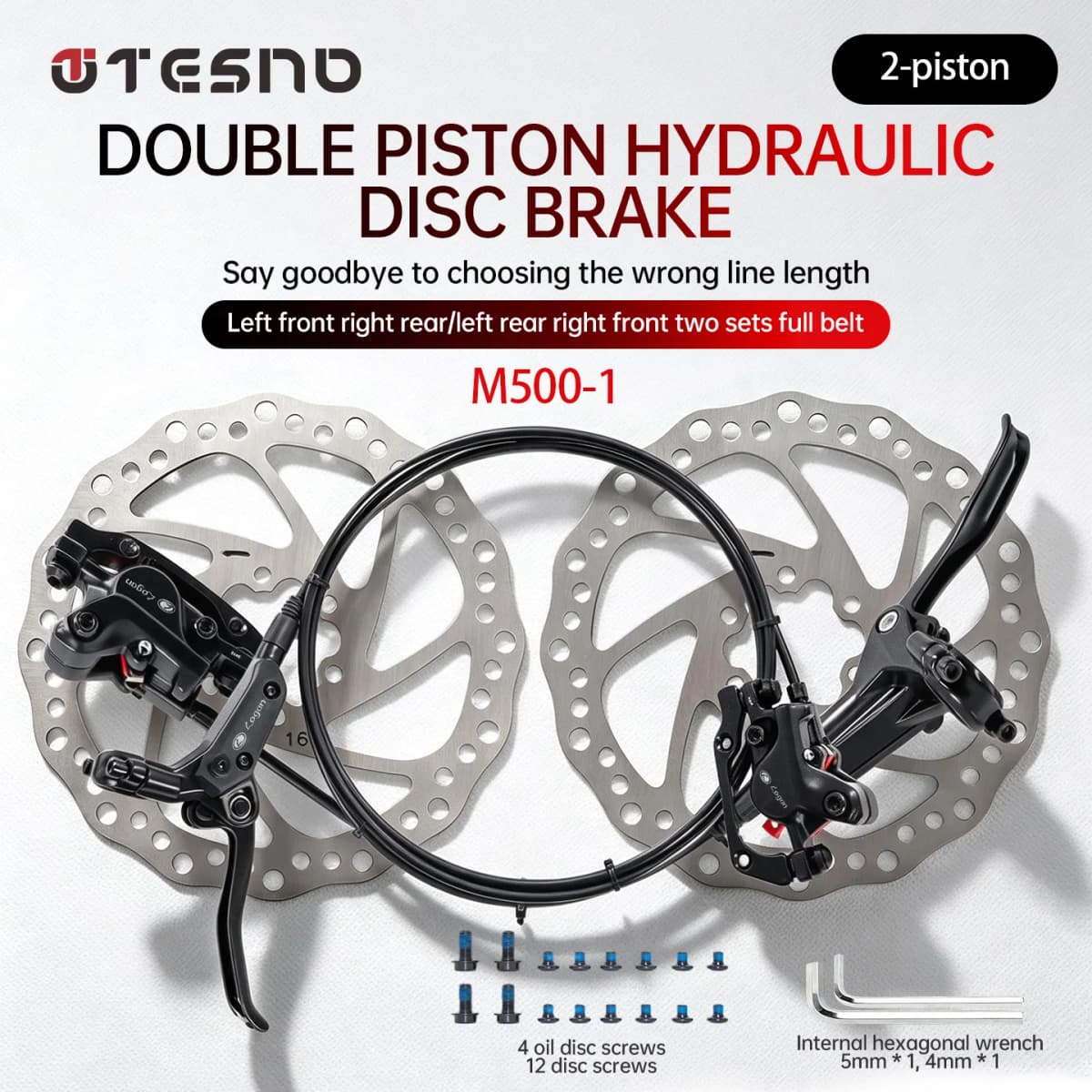 TESNO M500 2-Piston MTB Hydraulic Disc Brake Set Aluminum Alloy Front And Rear Bicycle Brakes with Silicone Protective Covers