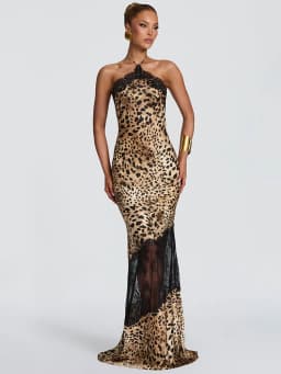 Blifanbo Halter Neck Leopard Print Sexy Maxi Dress Women Elegant Off-shoulder Stain Sleeveless Backless Club Party Long Dress