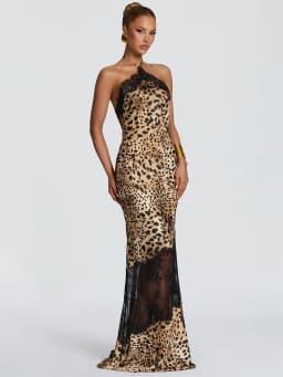 Blifanbo Halter Neck Leopard Print Sexy Maxi Dress Women Elegant Off-shoulder Stain Sleeveless Backless Club Party Long Dress