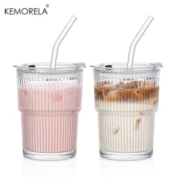 1/2PCS 450ml Stripe Glass Cup Transparent Glass Drinking Cups With Lid and Straw Ice Coffee Tea Cup Juice Glass Milk Water Cup