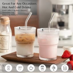 1/2PCS 450ml Stripe Glass Cup Transparent Glass Drinking Cups With Lid and Straw Ice Coffee Tea Cup Juice Glass Milk Water Cup