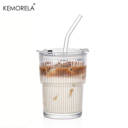 1/2PCS 450ml Stripe Glass Cup Transparent Glass Drinking Cups With Lid and Straw Ice Coffee Tea Cup Juice Glass Milk Water Cup