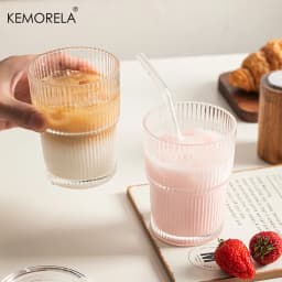1/2PCS 450ml Stripe Glass Cup Transparent Glass Drinking Cups With Lid and Straw Ice Coffee Tea Cup Juice Glass Milk Water Cup