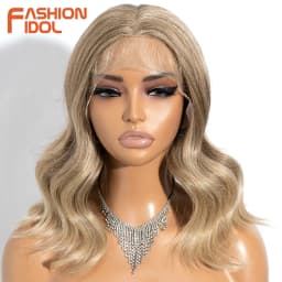 FASHION IDOL 14inch/35cm Short Bob Wig Body Wave Lace Wigs For Women Synthetic Cosplay Wigs Ombre Blonde Highligh Lace Front Wig