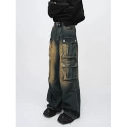 Y2K Street Men Baggy Cargo Jeans Vintage Acid Wash Wide Leg Denim Pants Multi Flap Pockets Grunge Workwear Loose Trousers