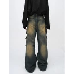 Y2K Street Men Baggy Cargo Jeans Vintage Acid Wash Wide Leg Denim Pants Multi Flap Pockets Grunge Workwear Loose Trousers