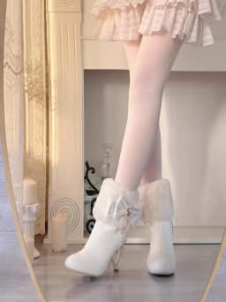 Japanese Lolita Boots Sweet Cute Bow Heart-shaped with Pearl Jewelry Shoes Round Head Warm Commuting Velvet Short Boots Winter