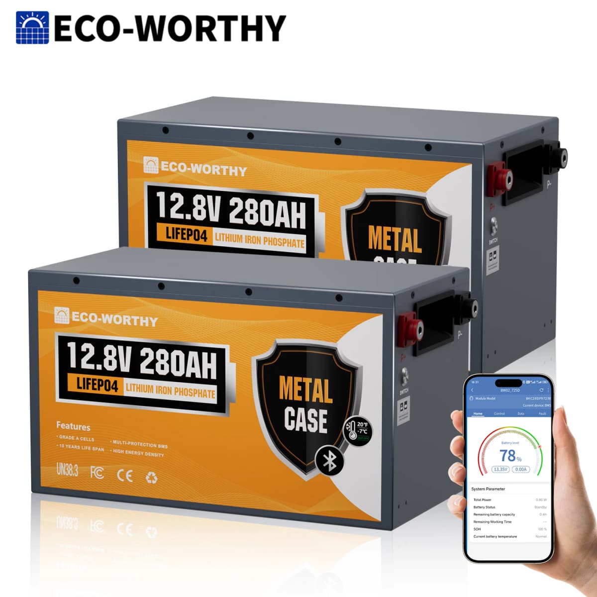 ECO-WORTHY 2Pack 12V 280Ah Metal Case LiFePO4 Battery w/Bluetooth & Low Temp Cutoff - Built-in 200A BMS - Deep Cycle for Camper, Traile