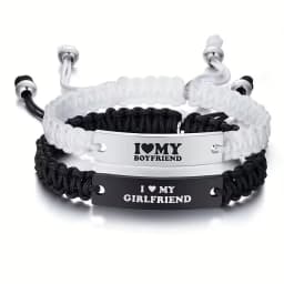 2 Pcs Handmade White Black Braided Rope Bracelet Set Adjustable Stainless Steel Couple Bracelets Valentine's Day Gifts