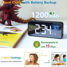 Digital Alarm Clock Temperature Display Portable Bedside Music Clock for Home Office Bathroom Dual Alarms Ringtones Rechargeable