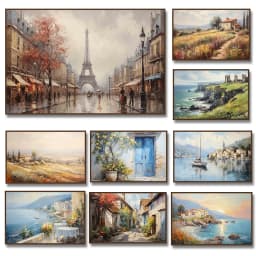 Vintage Countryside Seascape Amalfi Coastal Paris City Street Neutral Landscape Canvas Painting Print Rustic Poster Home Decor