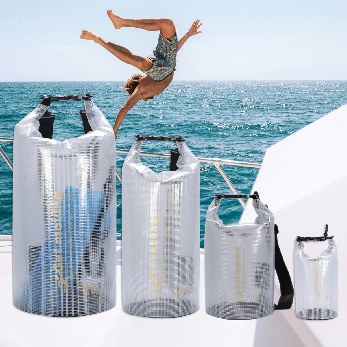 Half Transparent Waterproof Swimming Bag Dry Sack 2//5/10/15/20L Floating Dry Gear Bags For Boating Fishing Rafting Swimming