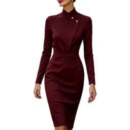 New 2026 Autumn Elegant Women Stand Collar Long Sleeve Bodycon Dress Fashion Ladies Button High Waist Office Work Pencil Dresses