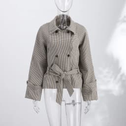 Chic Grid Belt Women's Coat Double Breasted Lapel Lace-Up Long Sleeve Lady Coats 2026 Autumn Fashion Female Vintage Jacket Lady