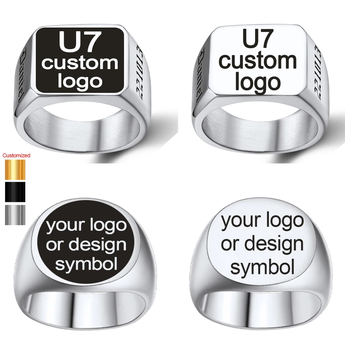 U7 Custom Stainless Steel Round Square Rings for Man Relief Deep Engrave Black White Vector Design Logo Brand Rings Jewelry Gift