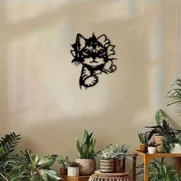 Cat Silhouette Metal Art, Black White Iron Wall Decor for Indoor Outdoor, Rust-Proof Waterproof Bedroom Bathroom
