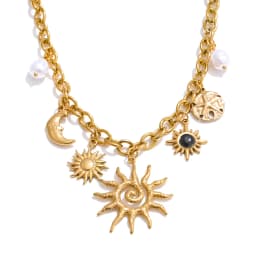 Yhpup Trendy Starfish Moon Sun Shaped Pendant Charm Necklace Statement Stainless Steel Golden Chain Fashion Jewelry PVD Plated