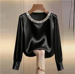 Elegant Satin Shirt Women Spring Autumn Bead Design Long Sleeve Silk Blouse Women Fashion O Neck Loose Pullover Tops