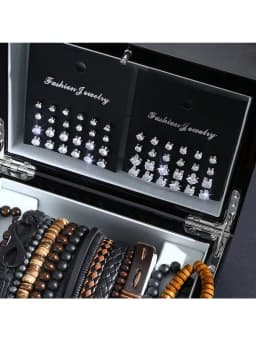 61 pcs of retro casual men's earrings+bead bracelet set for men's daily wear, gifts for boyfriends and friends during holidays