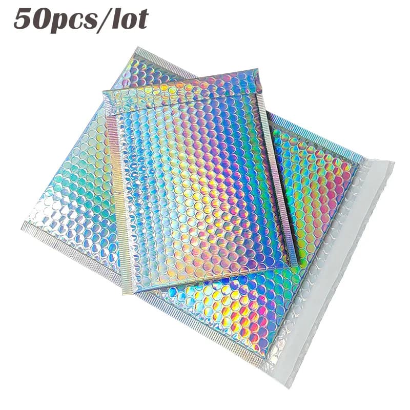 50Pcs Bubble Mailers Aluminized Foil Bags Laser Rainbow Shipping Envelope Self Seal Postal Bags Gift&Book Express Packaging Bags
