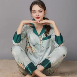 Women 2 Pieces Mulberry Silk Pajama Set Long Sleeve Top & Pants Ice Silk Loungewear Luxury Sleepwear Spring Autumn Casual Home C