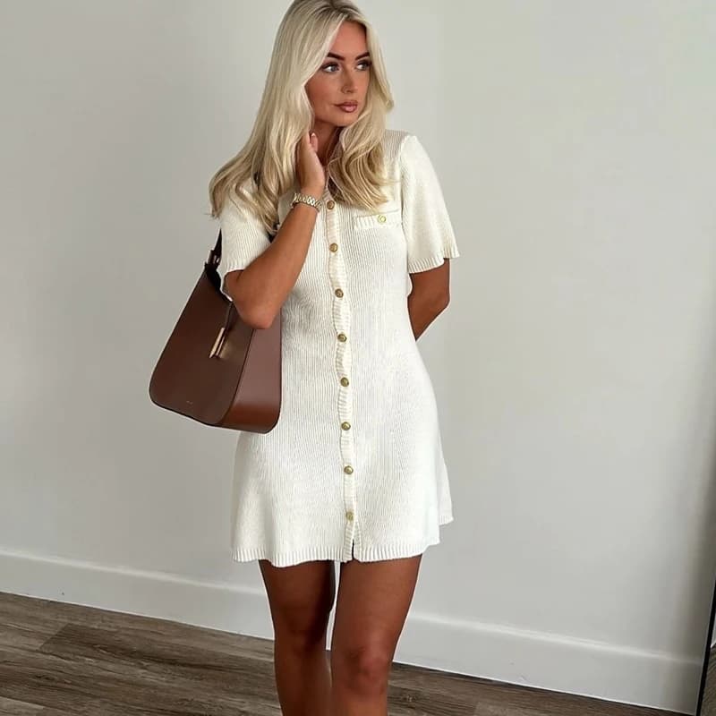 White Elegant Knitted Mini Dress For Women Metal Button Sexy Slim Rib Sweater Dress Holiday Party Outfits Autumn 2024 New