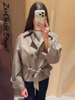 Vintage Plaid Women's Cropped Trench Coat Autumn Lapel Tie Waist Full Sleeve Windbreaker New Chic Casual Elegant Jacket 2026