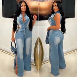 Jumpsuits Women Denim Pants One Piece Sleeveless Turn Down Collar Overalls Sheath Sexy Straight Long Pant Rompers Slim Fit
