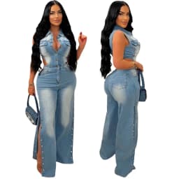 Jumpsuits Women Denim Pants One Piece Sleeveless Turn Down Collar Overalls Sheath Sexy Straight Long Pant Rompers Slim Fit