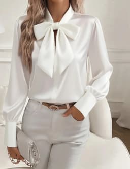2025 Spring Autumn New Women's Bow Shirt Long Sleeve Satin Fashion Korean Top Elegant Office Basic White Blouses for Female