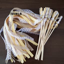 New 30/20/10pcs/lot Champagne + jute + lace wedding Ribbon Wands stick Confetti Stream with big sliver Bells for wedding party