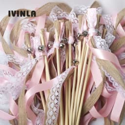 New 30/20/10pcs/lot Champagne + jute + lace wedding Ribbon Wands stick Confetti Stream with big sliver Bells for wedding party
