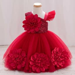 New Red Single Shoulder Sparkling Flying Sleeve Baby's Birthday Party Dress 0-6 Year Old Girl Pageant Dresses for Toddler Girls