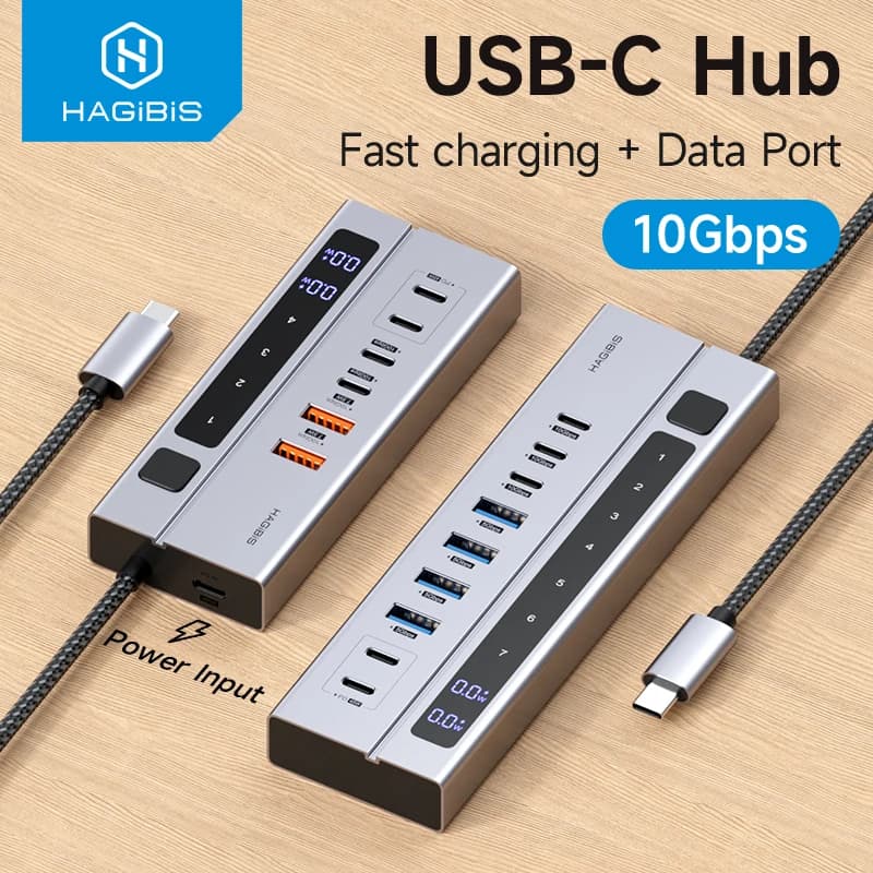 Hagibis USB C HUB Type-C Docking Station Individual On/Off Switches With LED Display 10Gbps USB C Splitter for Macbook Pro Air