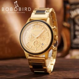 BOBOBIRD Golden Color Men's Watch Japanese Quartz Movement Ebony Wood Strap & Stainless Steel Case Custom Logo Brand Or Name