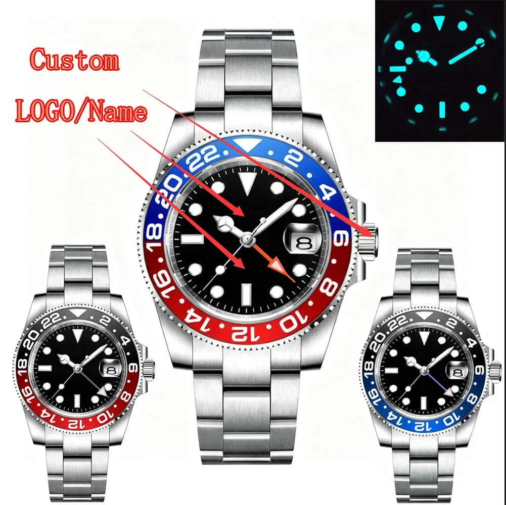 Customized LOGO 40mm Quartz GMT Man Watches Sapphire glass 10Bar Waterproof Luminous Diving Mens Wrist Watch Steel Bracelet