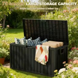 75 Gallon Large Outdoor Deck Box with Lockable Lid & Heavy-Duty Hinged Door - White/Green Heavy-Duty Plastic Storage Container,