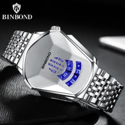 BINBOND Men Popular Fashion Motorcycle Concept Quartz Watch Luminous Steel Band Mesh Watch Touch Screen Black Technology Watch