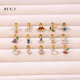 ZEMO 1 Piece ASTM F136 Titanium Colorful Lip Piercing Women Men 16G Flower Grape CZ Crystal Lip Ear Stud Cartilage Helix Earring
