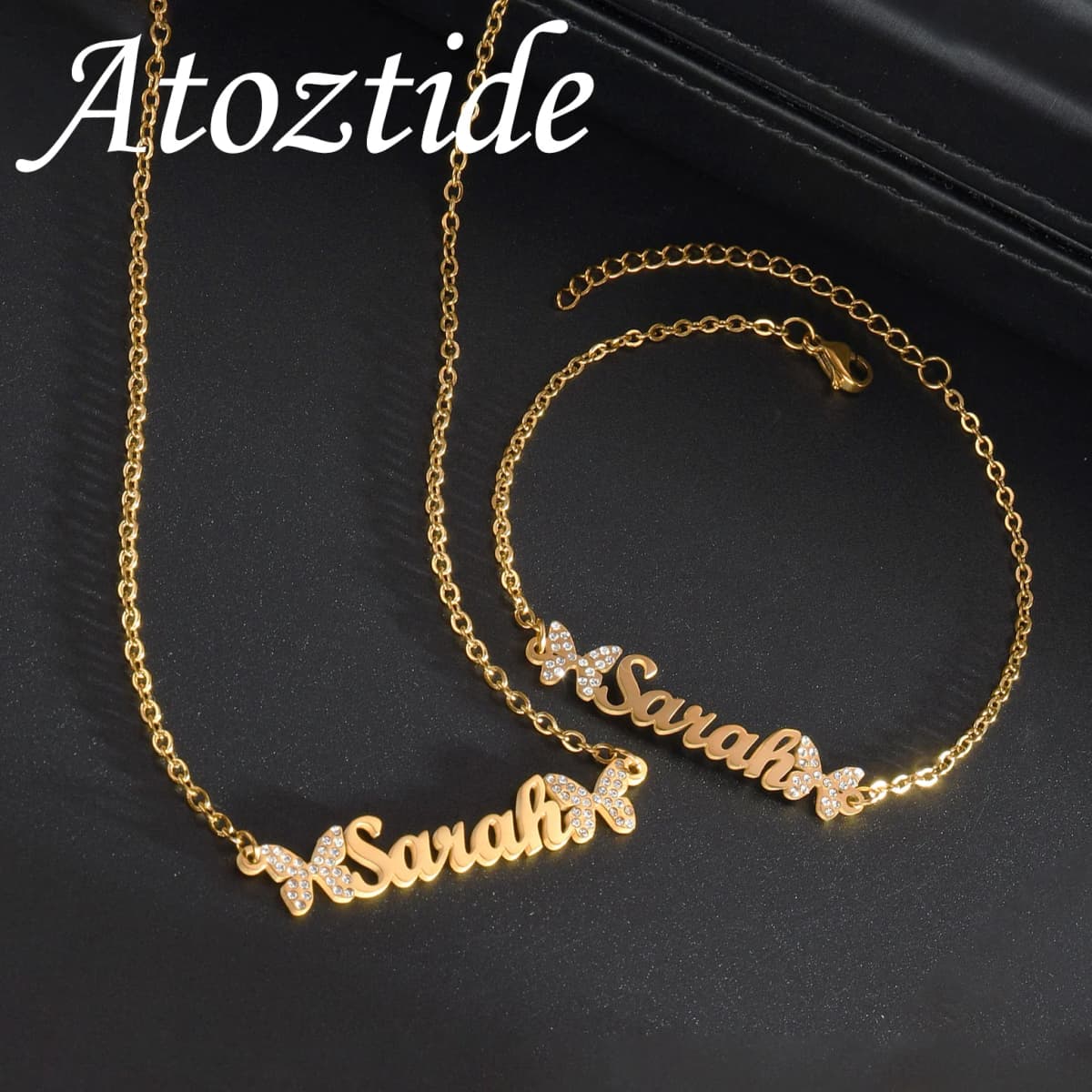 Atoztide Custom Name Necklace Bracelet Stainless Steel Jewelry Set Zircon Stone Butterfly Chain for Women Family Birthday Gift