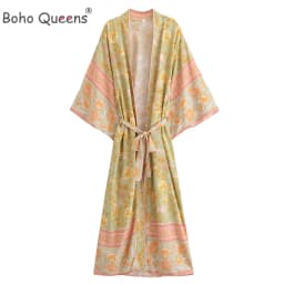Boho Queens Vintage Women Floral Print Sashes Bohemian Kimono Ladies V Neck Batwing Sleeves Rayon Maxi Robe Cover-ups